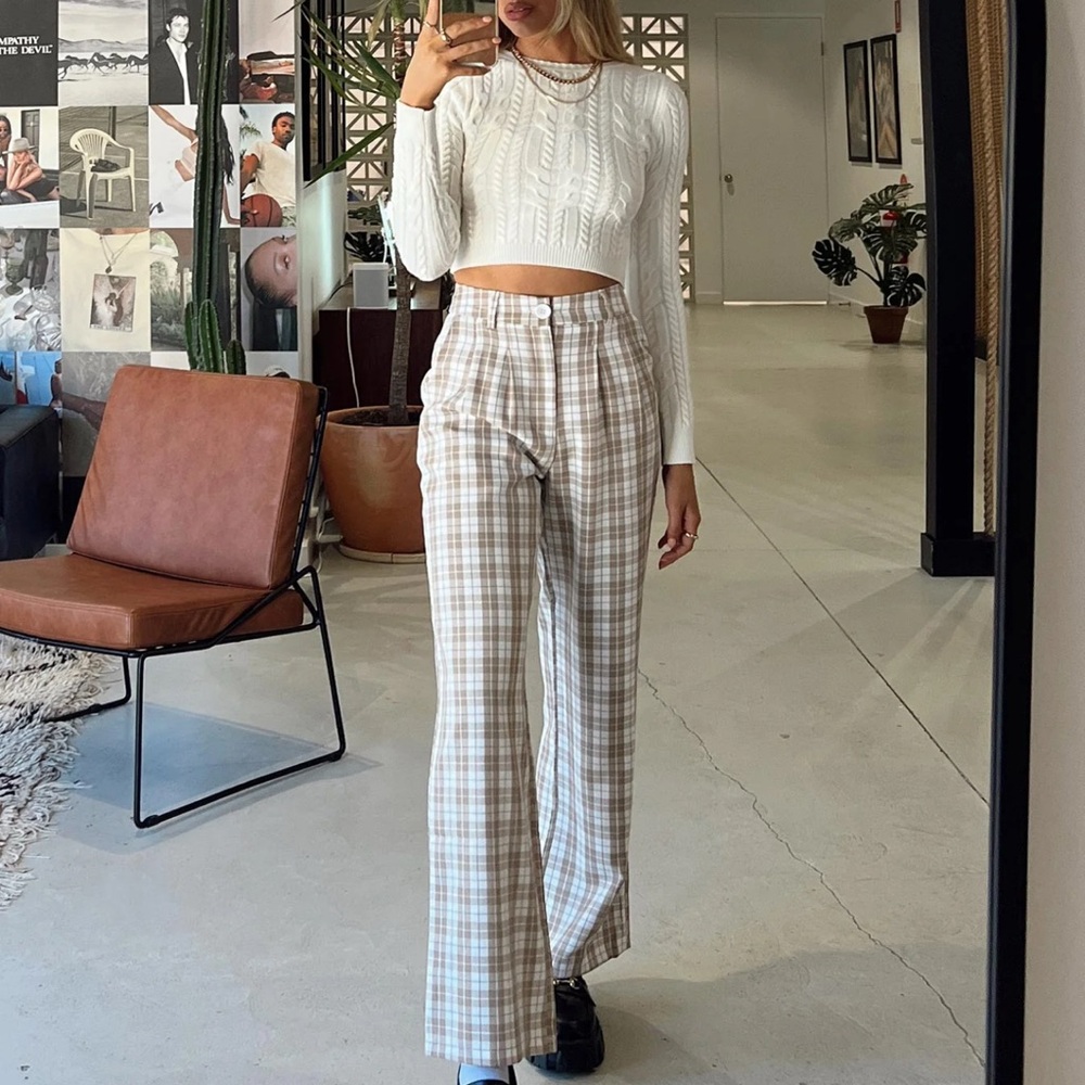 Princess Polly Cream Plaid Flare Pants